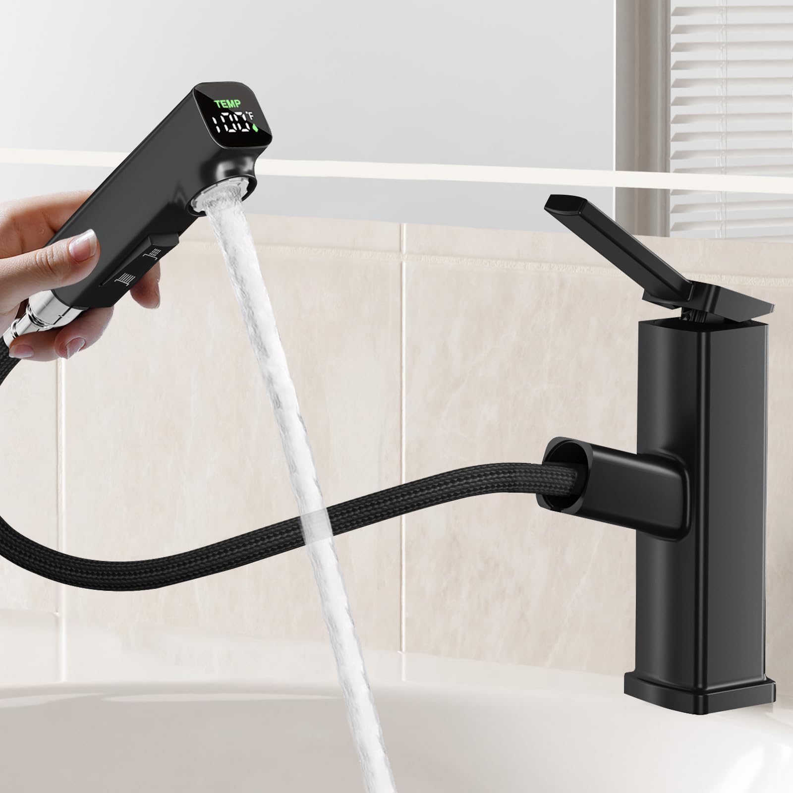 HANLIAN Pull Out Bathroom Faucet 1 Hole with Digital Temperature Display