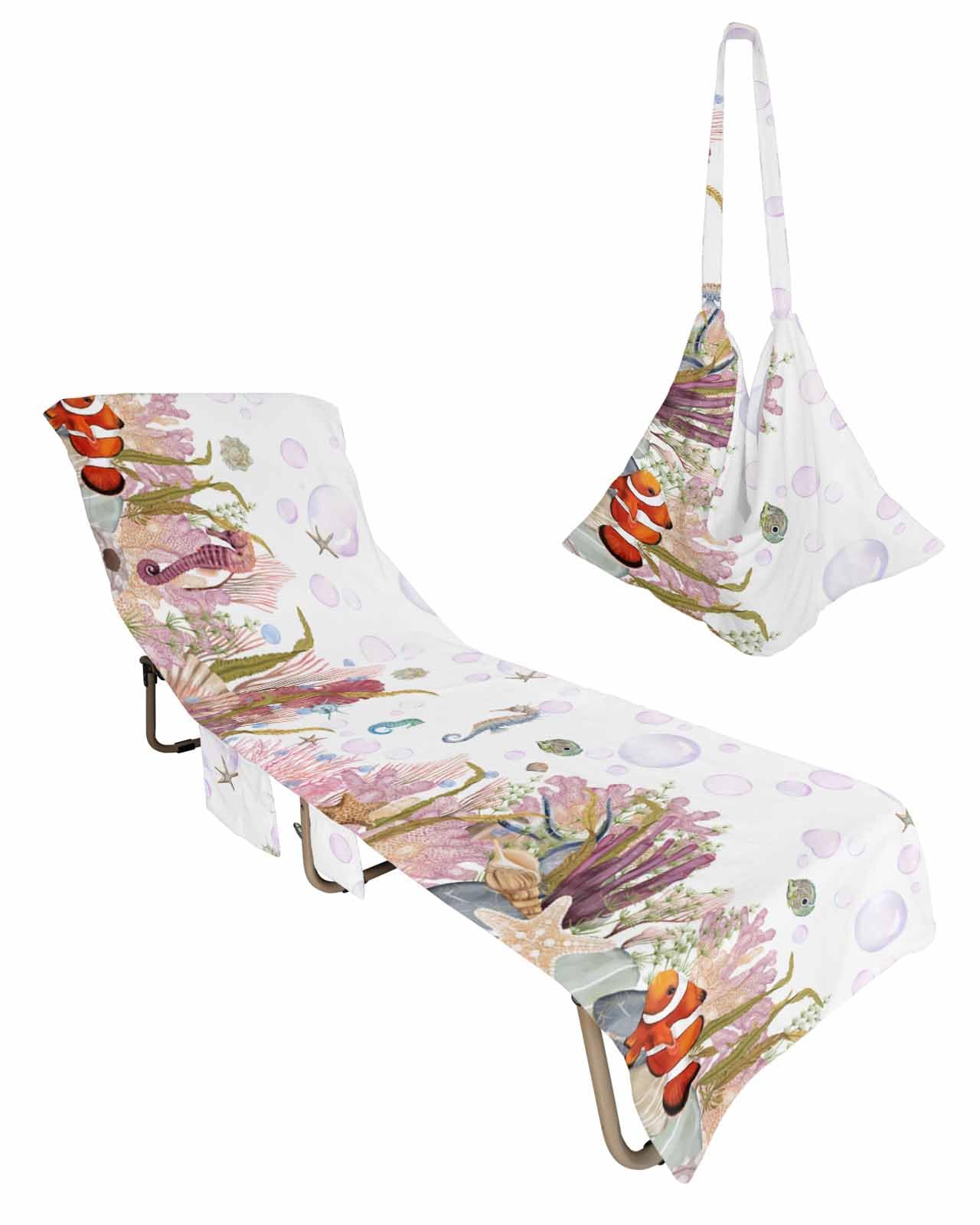 Pink Coastal Beach Lounge Chair Towel Cover, Soft Chaise Lounge Towel with Side Pockets Patio Pool Chairs Cover for Beach/Pool Sunbathing 29x85 Summer Beach Nautical Coral Seaside