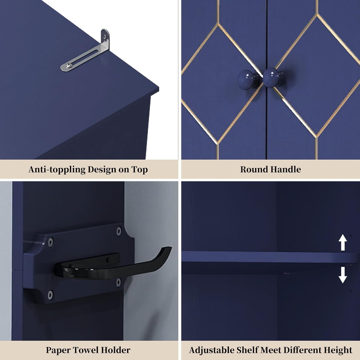 HLR Over The Toilet Storage Cabinet with Gold Trim, Over Toilet Bathroom Organizer with Adjustable Shelves and Toilet Paper Holder, Above Toilet Storage Cabinet Spacesaver for Bathroom (Blue)