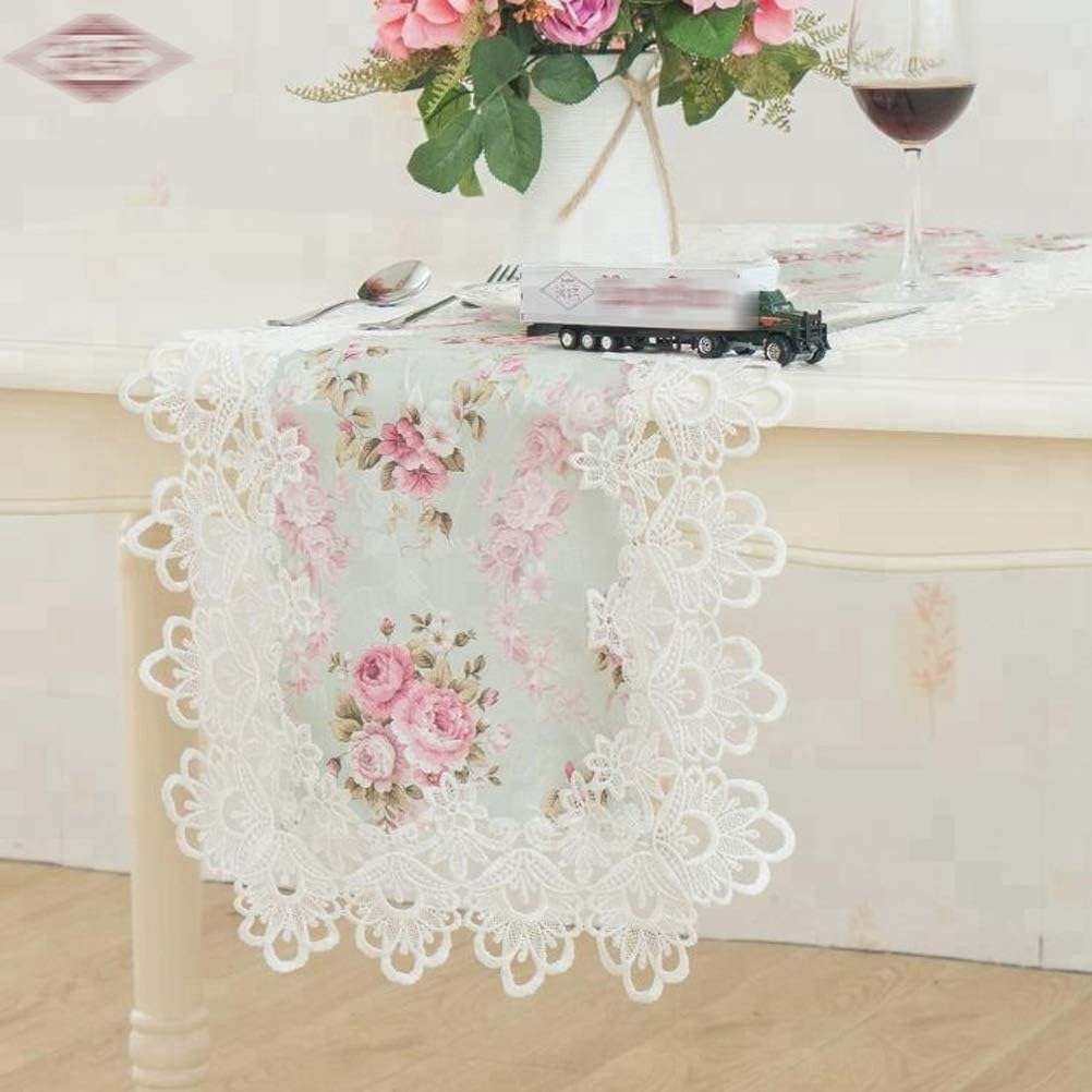 WSHINE Pink White Lace Table Runners Flower doilies Scarves Embroidered Dresser Scarf Wedding Party Furniture Cover Home Decorations Cabinet Tablecloth