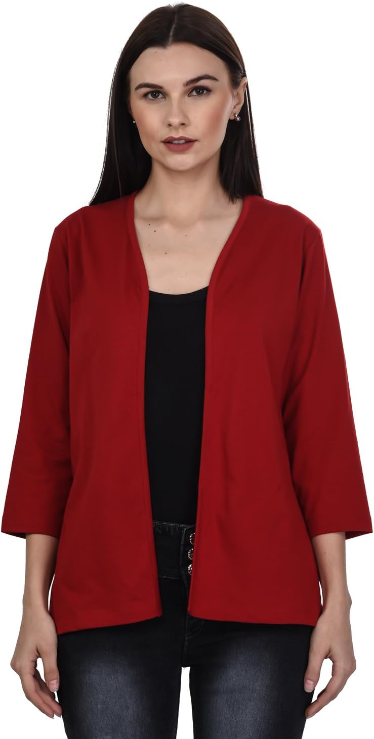 KaltWomen's 3/4th Sleeves Open Plain Shrug(Red)