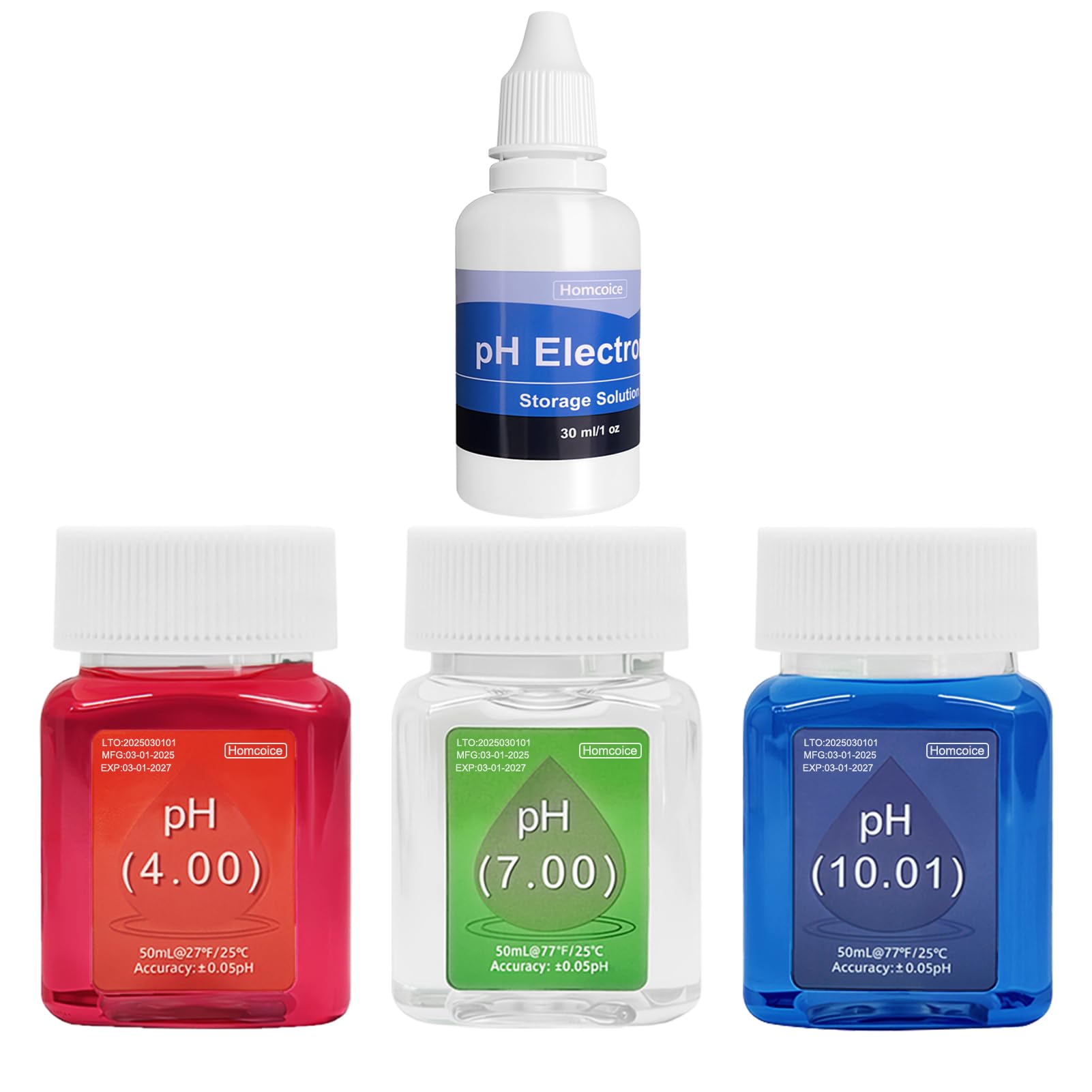 Kit Solution Étalonnaget pH (4.00, 7.00 et 10.01), universel Solution Étalonnage pH 50 ml et Solution Stockage de sonde pH (KCL) 30 ml pour pH-mètres