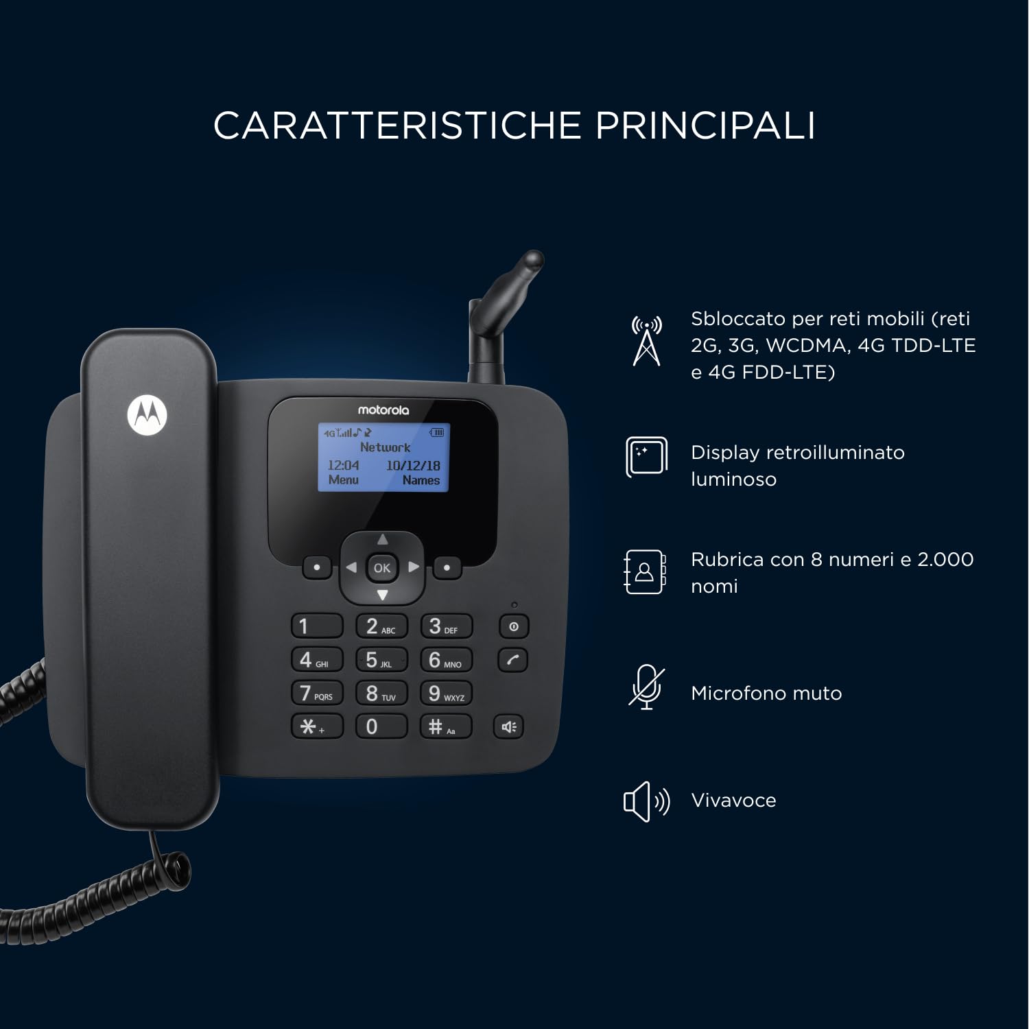 Motorola Voice - FW410L Telefono fisso wireless 4G, HotSpot Wi-Fi, Scheda SIM, Batteria di riserva, Vivavoce, GSM Quad Band, Trasferimento di chiamata