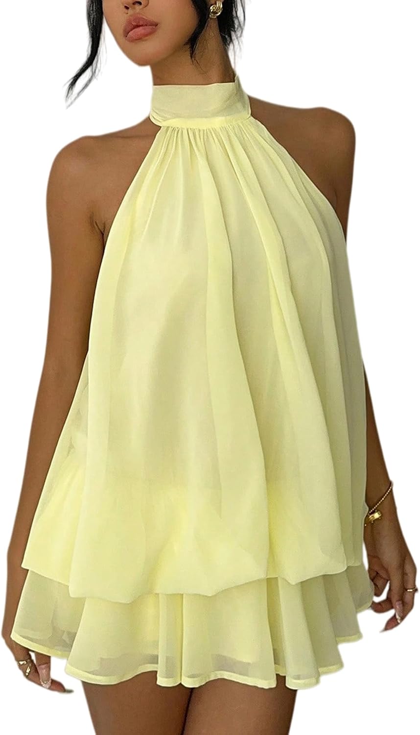 ELLEVEN Women's Backless Halter Mini Dress, Chiffon Summer Party Dress with Built-in Shorts for Night Out and Casual Wear