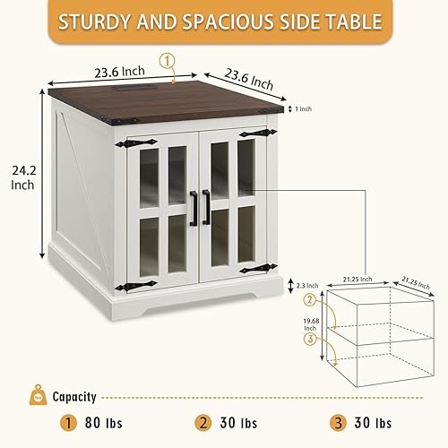 Miniatura 2 de Barnyatoh Mesa auxiliar de granja con estación de carga, mesa auxiliar grande de sofá de 24 pulgadas con puerta de granero de cristal, mesita de