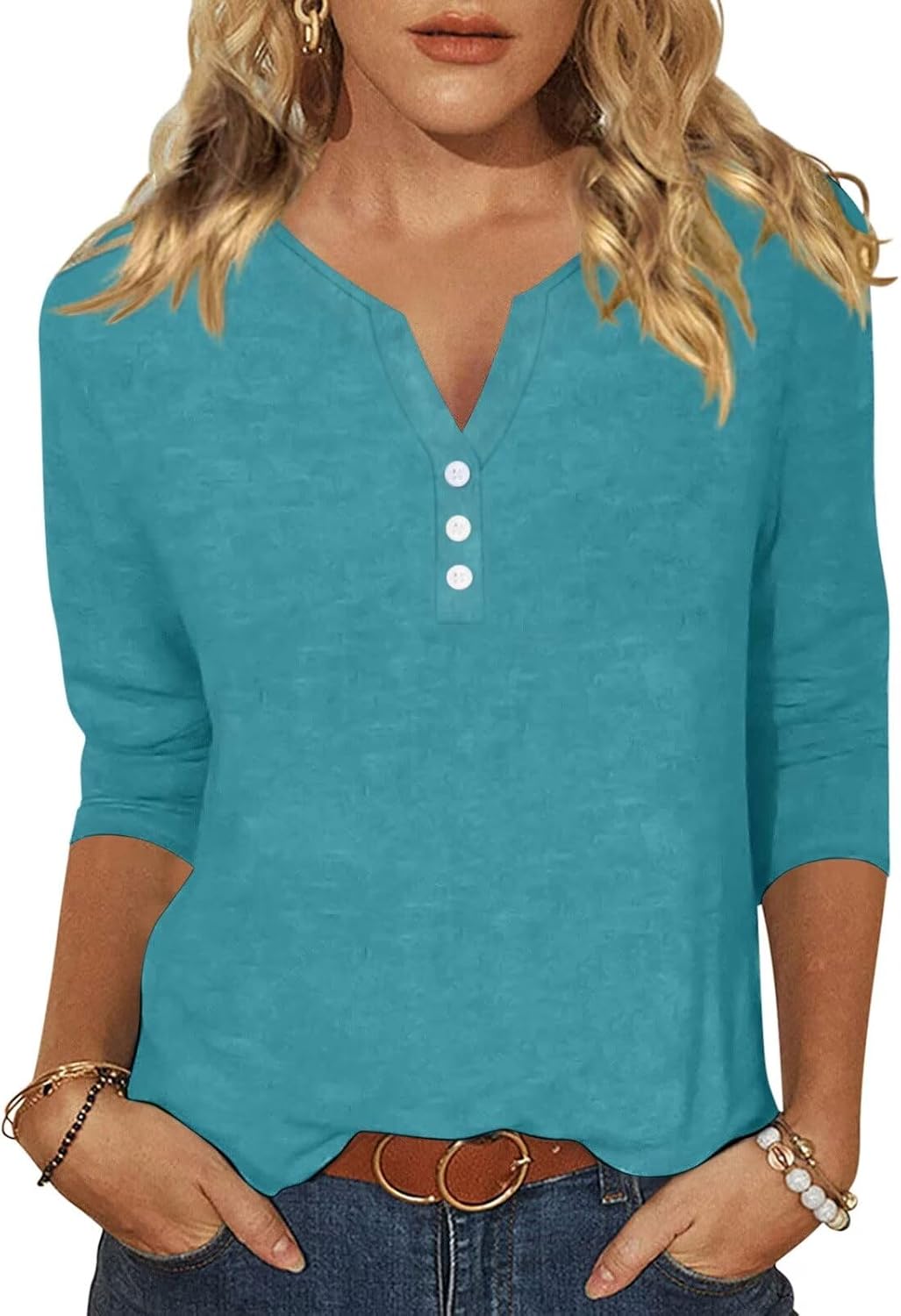 EADINVE Womens 3/4 Sleeve T-Shirts V Neck Buttons Tops Basic Tee Solid Color Blouse Loose Fit Pullover Summer Shirts 2024
