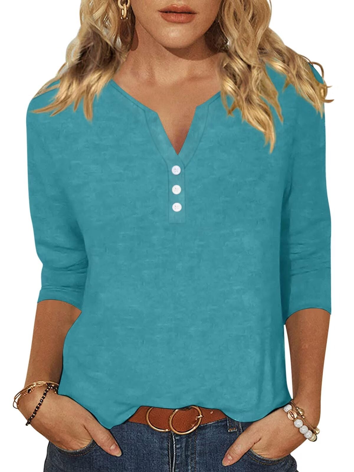 EADINVE Womens 3/4 Sleeve T-Shirts V Neck Buttons Tops Basic Tee Solid Color Blouse Loose Fit Pullover Summer Shirts 2024