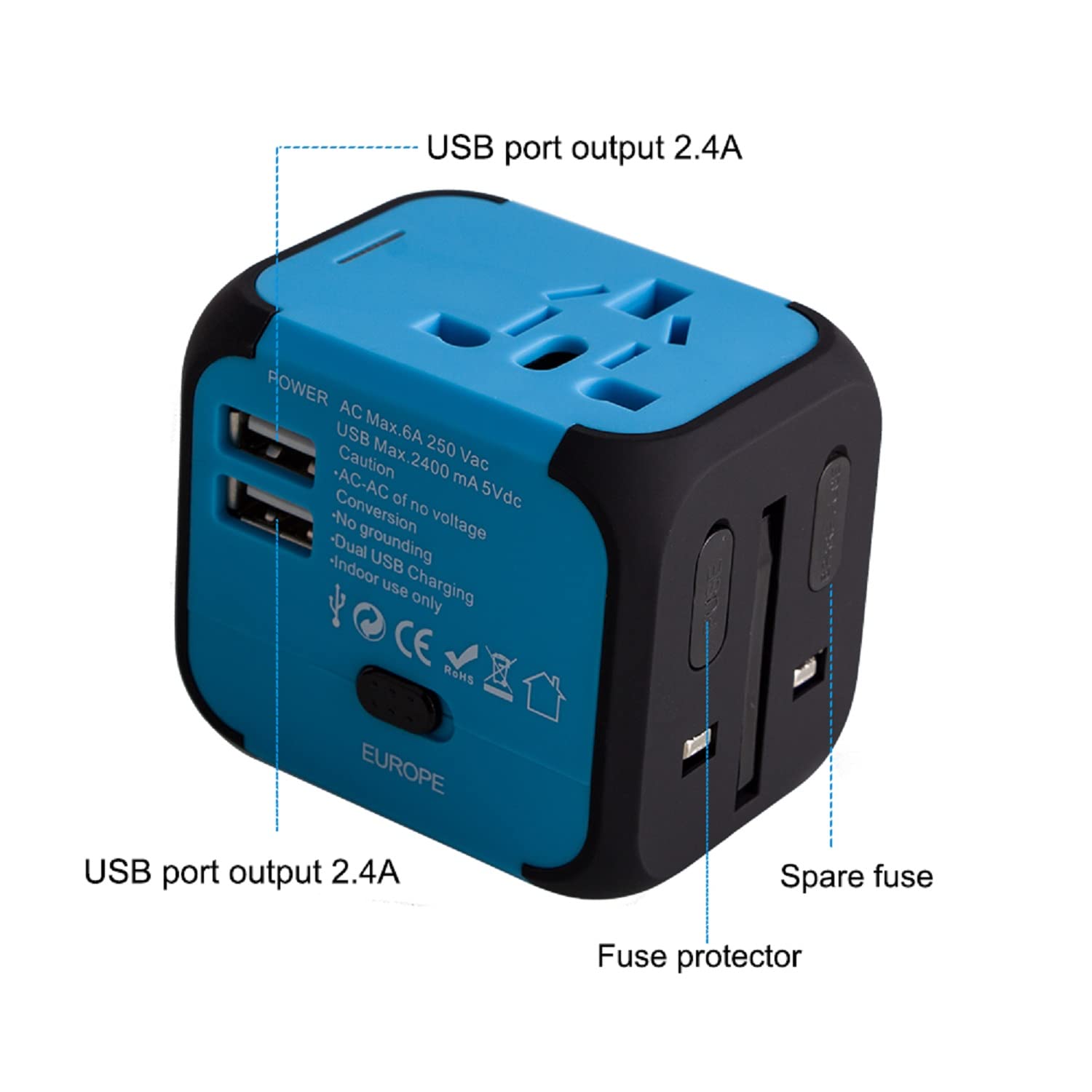 Uniwersalny adapter wtyczki podróżnej International Adapter Adapter z dwoma portami USB dla US EU UK AU około 150 krajów i bezpieczników bezpieczników do tabletu PC, smartfonów aparatów