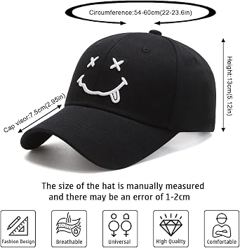 Baynetin Baseball Cap Classic Cotton Embroidery Baseball Caps Embroidered Smile Adjustable Sun Protection Baseball Cap for Men Women Sporty Outdoor Caps Hats