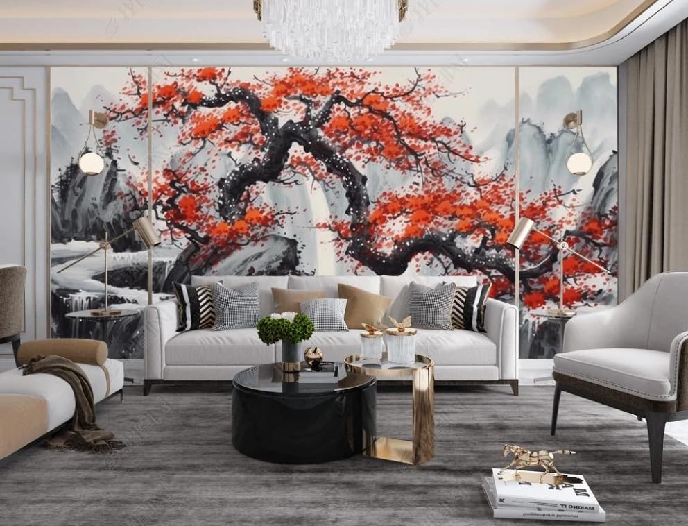 Papier peint intissé décoration murale branches fleur de prunier rouge poster 150x105 - 3