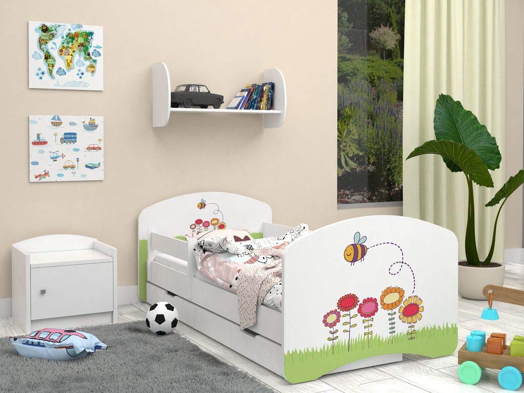 Happy Babies - Dwustronne łóżko dziecięce z szufladą Nowoczesne wzornictwo z bezpiecznymi krawędziami i zabezpieczeniem przed upadkiem materac piankowy 7 cm. (140 x 70, 06. pszczoła)