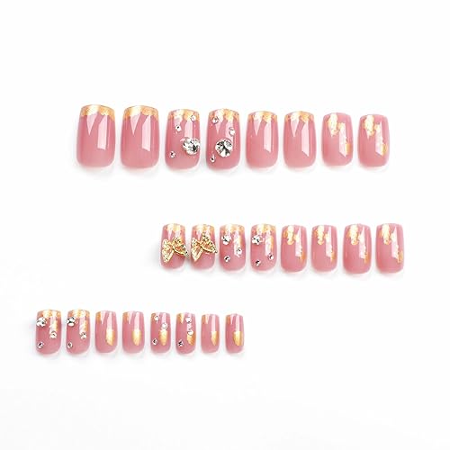 Miniatura 3 de MISUD Uñas postizas cuadradas medianas con pegamento brillante, uñas acrílicas brillantes con purpurina dorada, uñas postizas cuadradas rosadas,