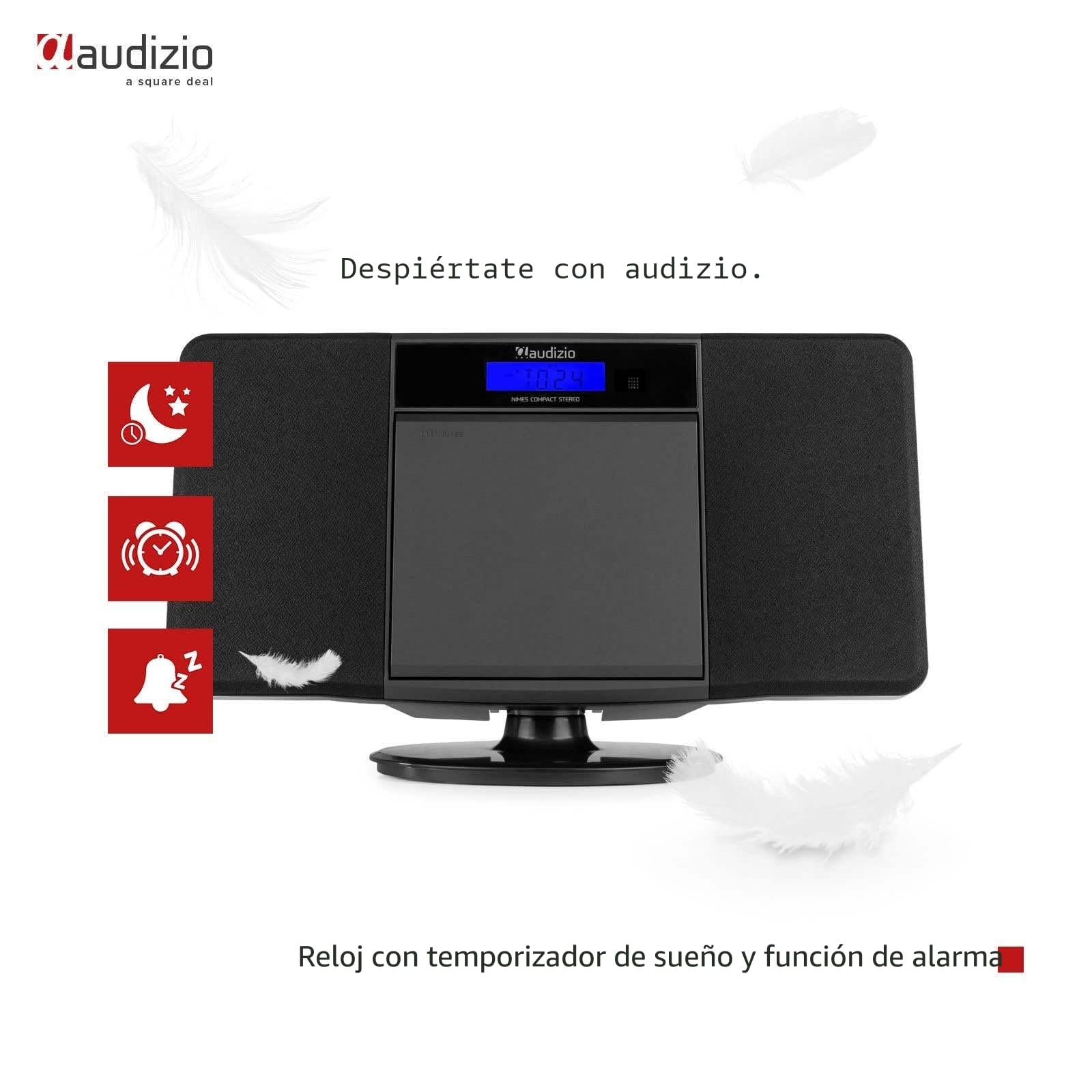 Audizio Nimes Home Sistema estéreo HiFi con Bluetooth, Reproductor de CD, MP3 USB, sintonizador de Radio FM, Incluye Mando a Distancia, X-Bass, Conexion de Auriculares - Negro