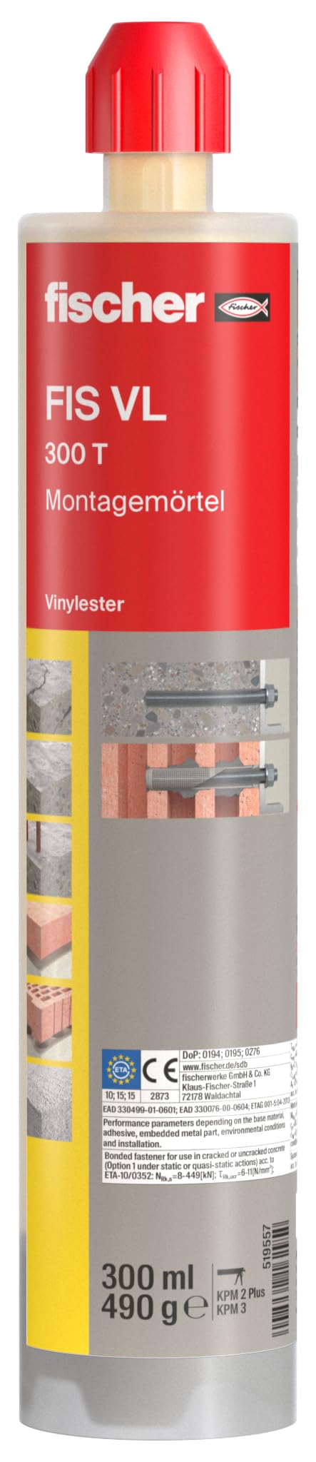 fischer Montagemörtel FIS VL 300 T im handlichen Sixpack, der wetterfeste Injektionsmörtel für zuverlässige Verankerungen in gerissenem Beton und in Mauerwerk, 6 Kartuschen à 300 ml