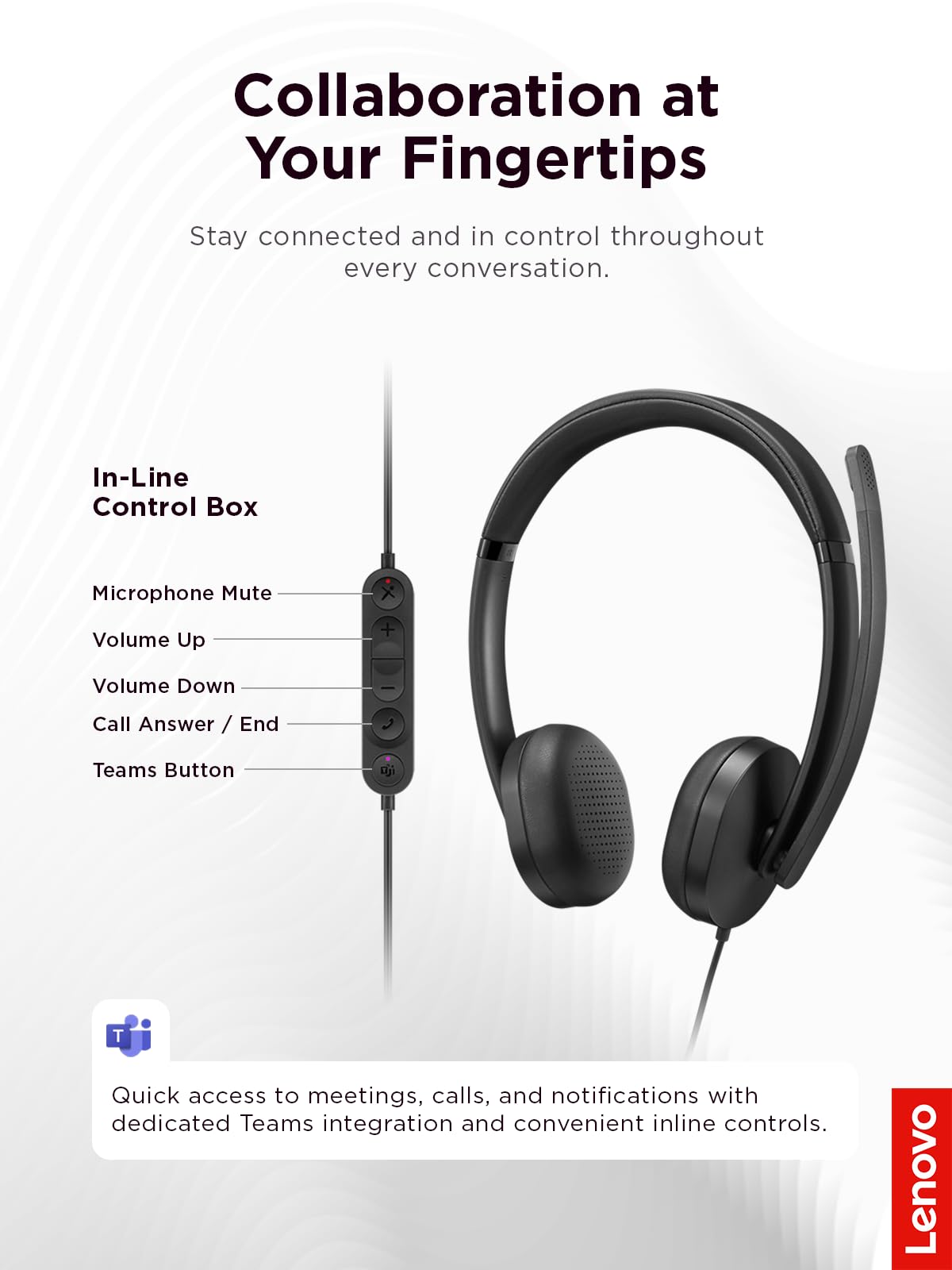 Lenovo Wired VoIP Headset 5000 per Teams, cuffie cablate USB-C con adattatore USB-A, AI noise reduction via LADM, microfono boom reversibile, plug & play