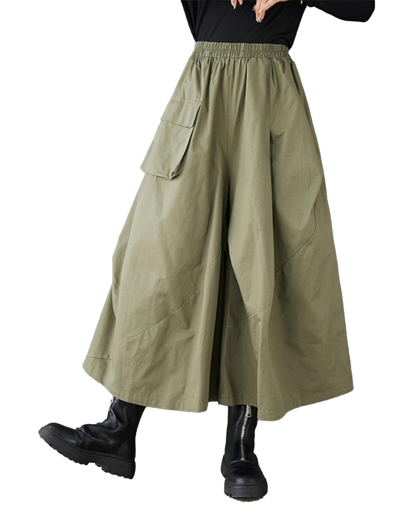 ellazhu Women's Pants Loose Causal Pocket Elastic Waist Wide Leg Solid Oversize Baggy GZ344