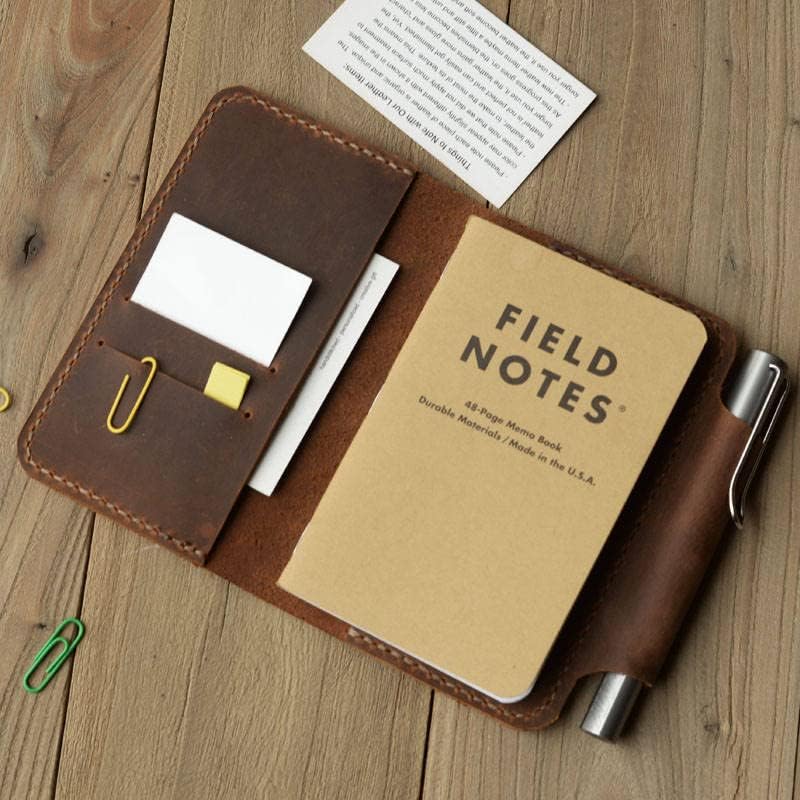 Refillable genuine Tooled Leather Journal Cover for pocket size field notes notebook pen holder card slots/fit 3.5 x 5.5" - 302 - Distressed Brown