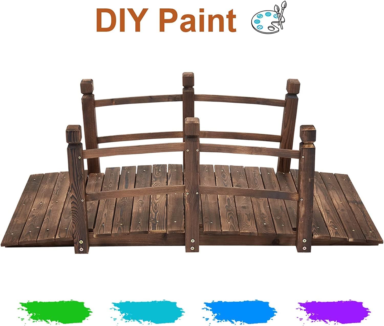 5 FT Wooden Garden Bridge - Patio Bridges w/Double Railings Stained Finish Footbridge Decorative Pond Bridge for Lawn Arc Walkway