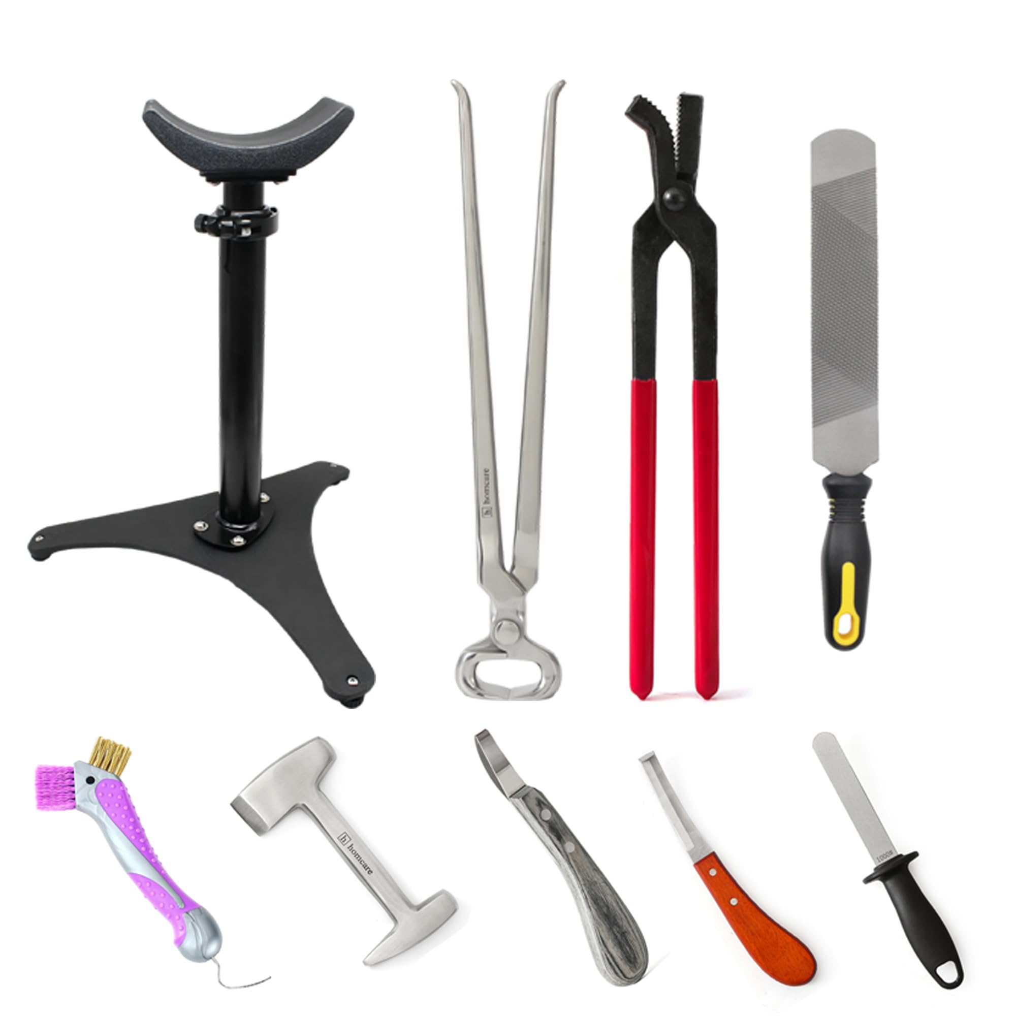 homcare 9PCS Farrier Tools Kit for Horses – Hoof Trimming Set with Hoof Stand, Hoof Nipper, Hoof Pick, Hoof Knife, Rasp File, Clinch Cutter, Horseshoe Pliers & Sharpener for Farriers Horse Owners