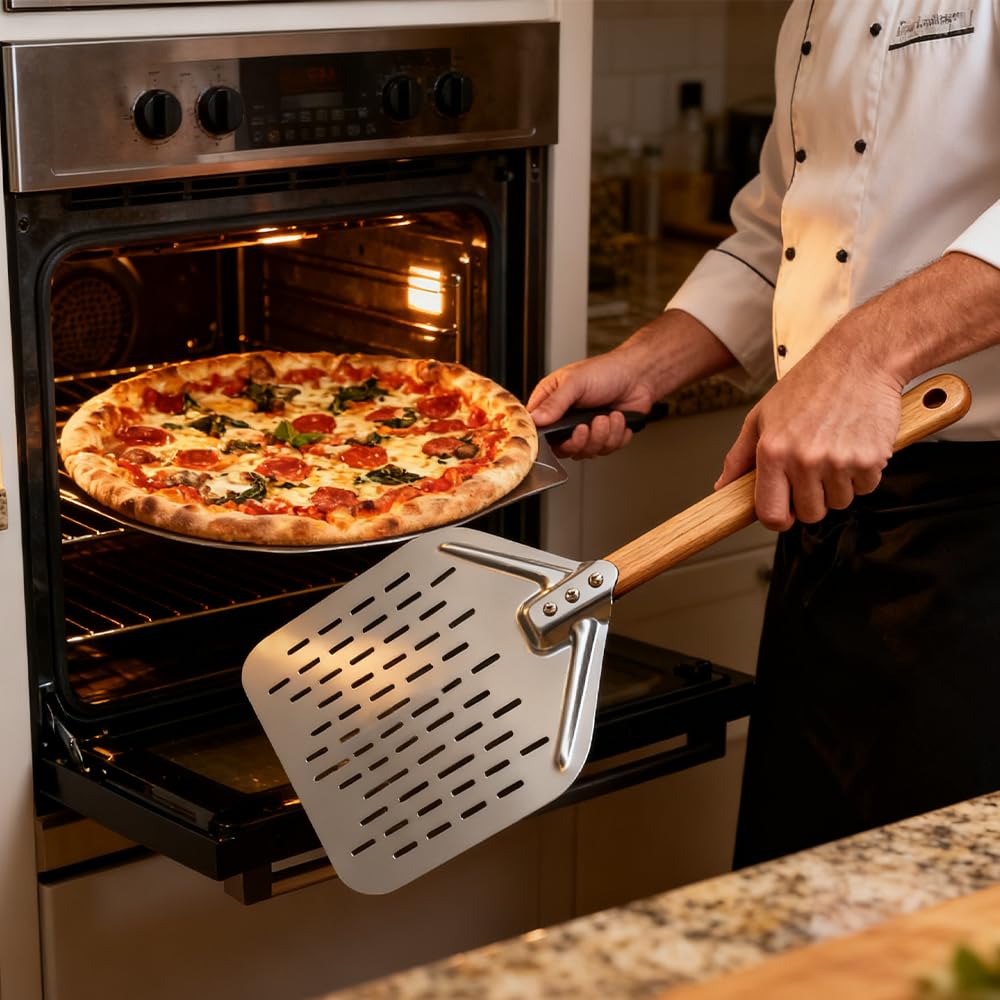 Pelle à Pizza, 12 Pouces Pelle Pizza 39.5x30 cm, Pelle a Pizza Perforée Inox avec Grande Surface et Long Poignée Amovible, Glisse Facilement sur la Pierre à Pizza pour Cuisson de Pizzas