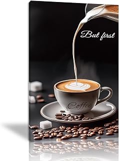 MODOJOART Coffee Canvas Wall Art for Kitchen - Black and White But First Coffee Painting Beans and Sugar Picture for Kitchen Bar Decor(Artwork-05, 12"x18")