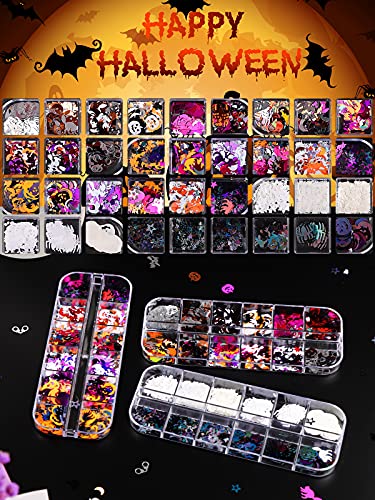 Halloween Nail Art Glitter Stickers Decoration Kit, Tufusiur 3 Boxes Holographic Nail Sequins 3 Sheets Acrylic Nail Decals Pumpkin Bat Ghost Witch Skull Spider Stickers For Diy Halloween Supplies #TOP1