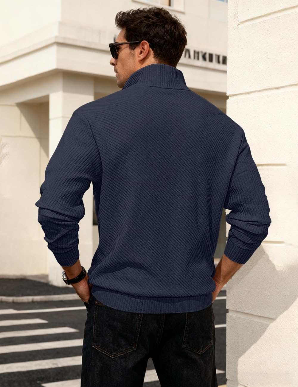 Mens Sweaters Pullover Sweater Casual Athletic Long Sleeve Quarter Zipper Stand Collar Sweatshirt - Image 5