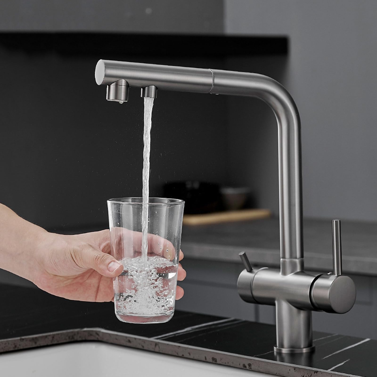 XJTNLB Rubinetto Lavello Cucina 3 Vie con Doccetta Estraibile Spazzolato Rubinetto Depuratore Acqua con Doppia Leva Miscelatore 3 Vie Cucina