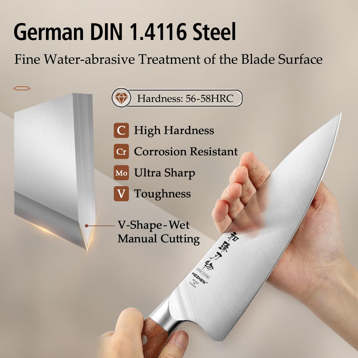 HEZHEN Pro Chefs Knives 8.3 Inch,High Carbon German 1.4116 Steel,Stainless Steel Rivets with Red Wood Handle，Razor Sharp,Super Edge,with Woodern Knife Sheath — Amazon image 3