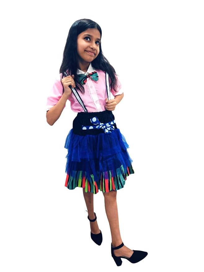 BookMyCostume Girls Skirt and Shirt Set | Collared Top with Bow & Denim Net Flared Skirt | Formal & Casual Wear for Kids | Multicolor Striped Dress Set 8-10 Years