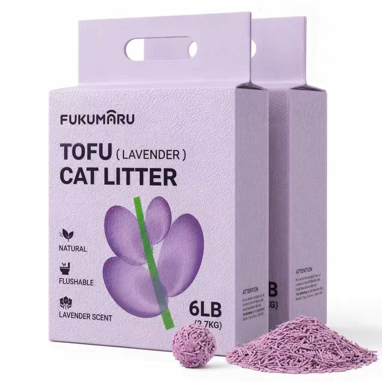 FUKUMARU Arena de Tofu para Gatos 5.4kg - Arena aglomerante para Gatos, Control de olores con Aroma de Lavanda, Libre de Polvo y fácil de aglomerar, desechable en el Inodoro