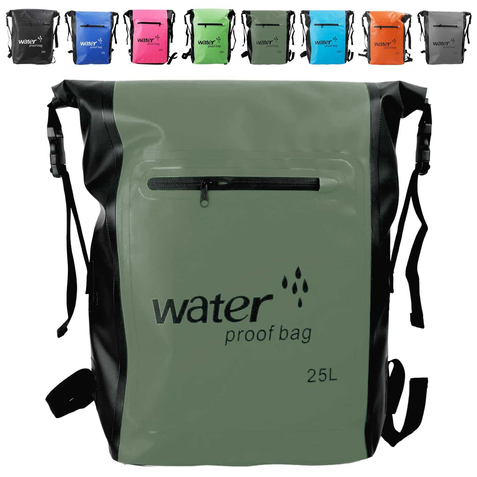 MORAINJAY 25L Waterproof Backpack with Pocket,Large Captity Sage Green Dry Bag with Long Adjustable Shoulder Strap,500D PVC Reinforced Design Dry Sack for Camping,Swimming,Hiking&Outdoor Adventures