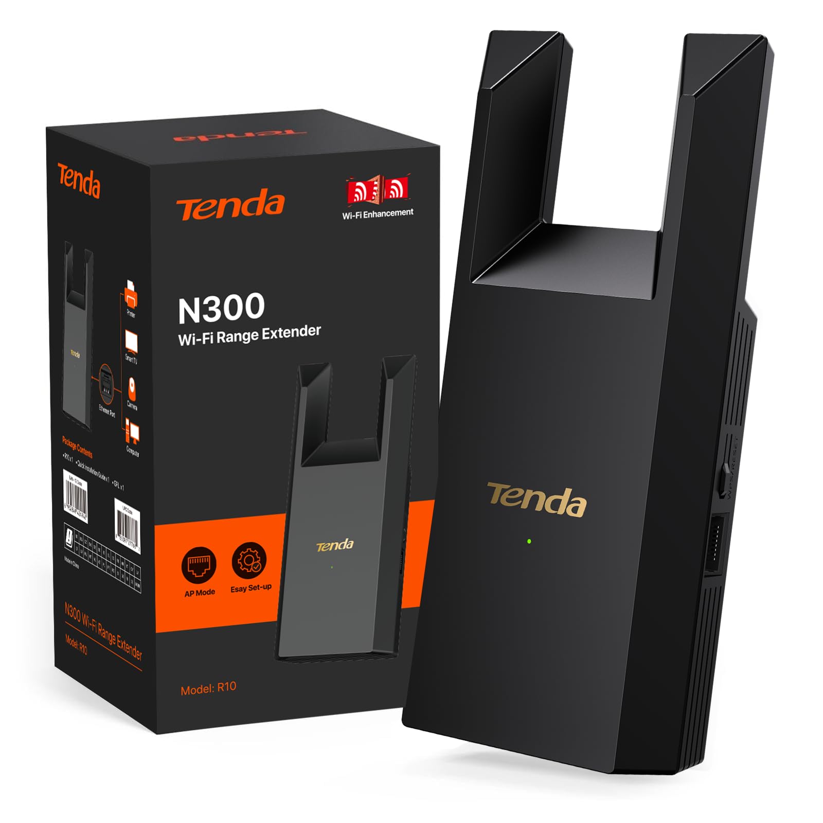 Tenda N300 Repetidor WiFi, Extensor Amplificador 2.4GHz 300Mbps, Instalación fácil, Puerto Ethernet 10/100 Mbos, Modo Ap, R10, Negro
