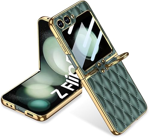 Miniatura 9 de SHIEID Z Flip 6 - Funda de piel para Galaxy Z Flip 6 con marco galvanizado, soporte de anillo, forro de esponja y diseño en forma de diamante para