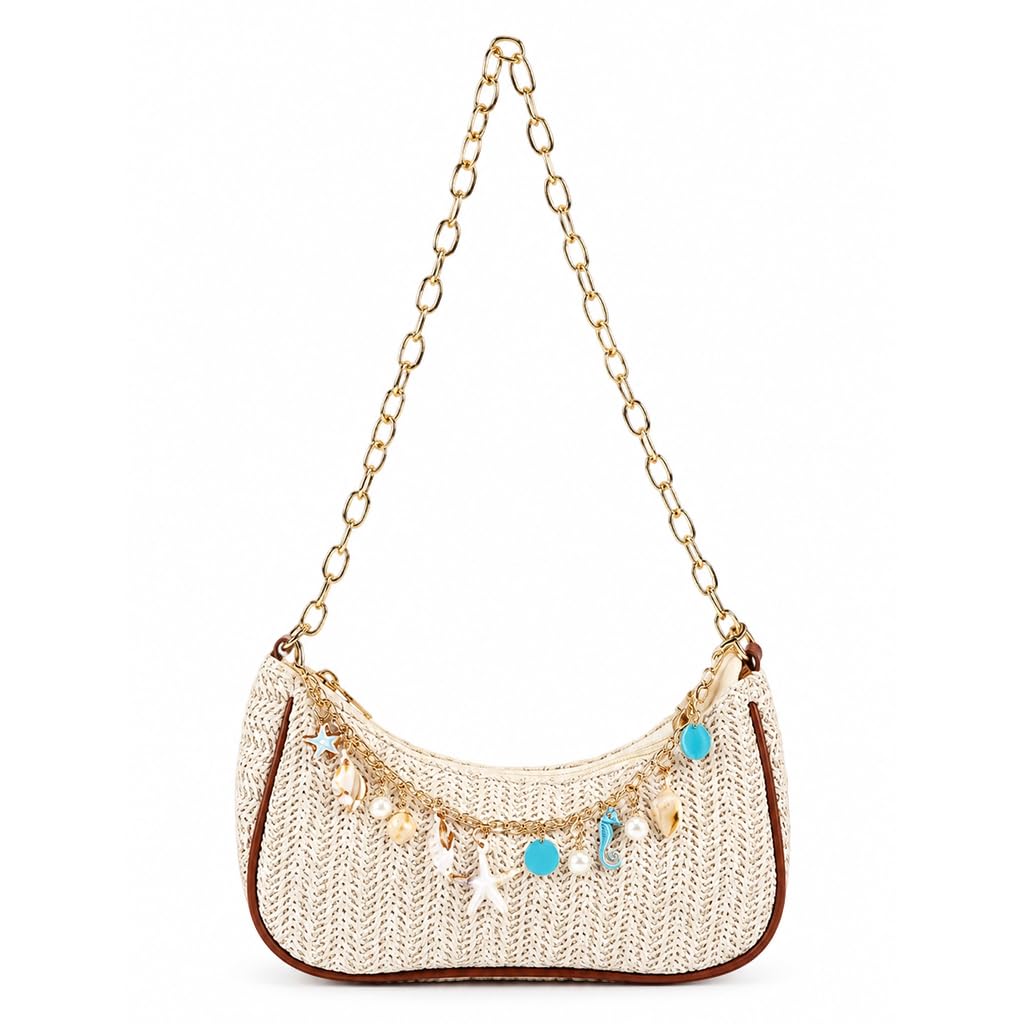 Straw Shoulder Bag Raffia Hobo Purse with Charm Chain for Summer-image-42