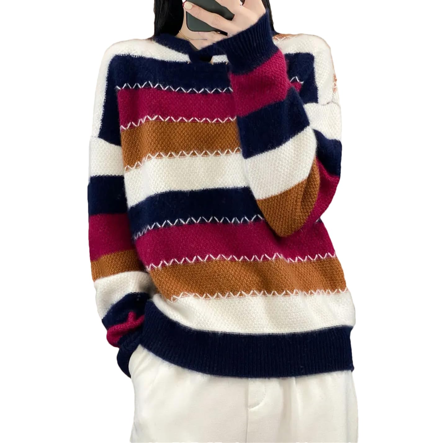 Suéter de cachemira para mujer, producto de otoño e invierno, cuello redondo, color de contraste