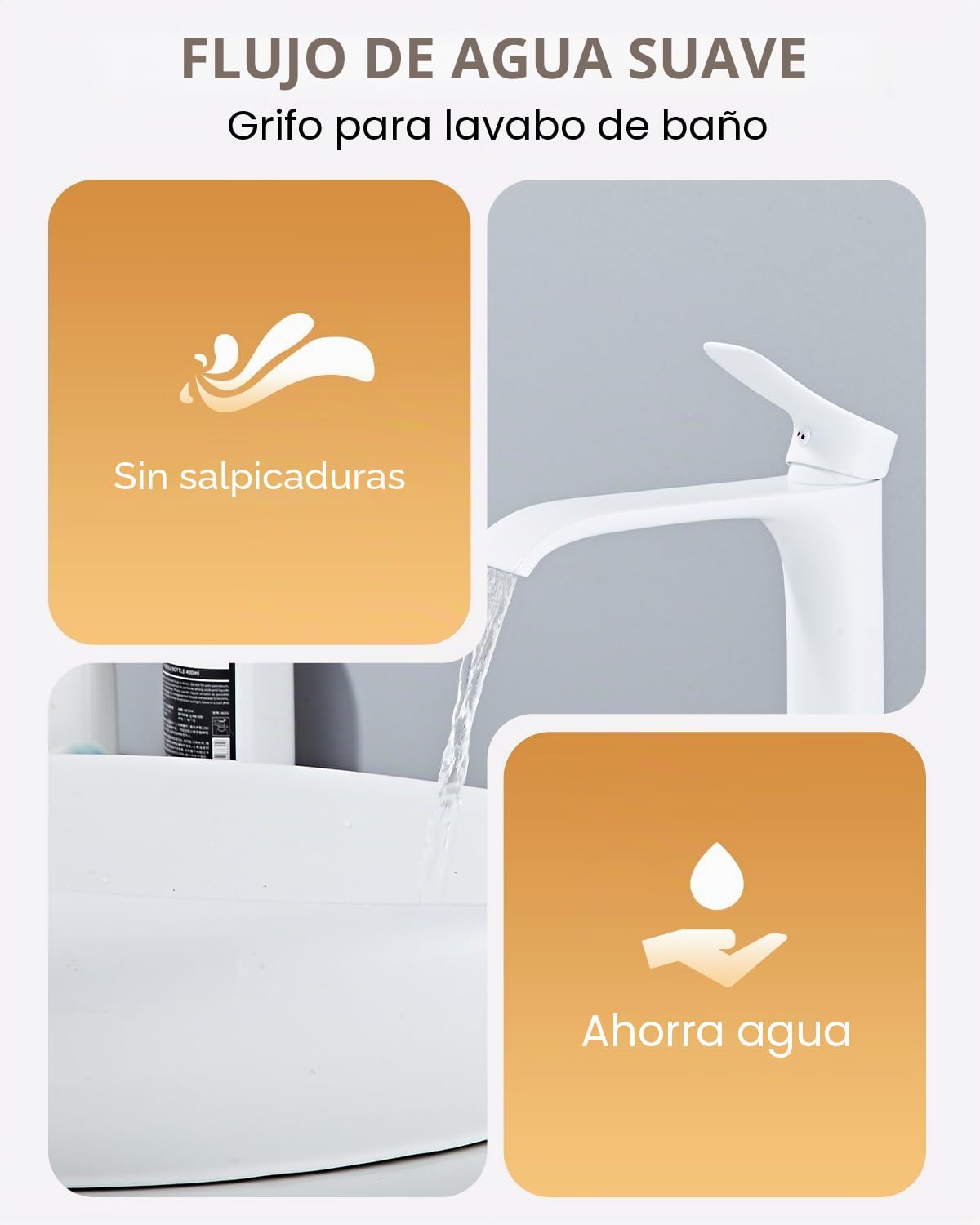 Grifo de baño blanco con cascada, mezclador de baño alto, monomando de lavabo de cascada de latón