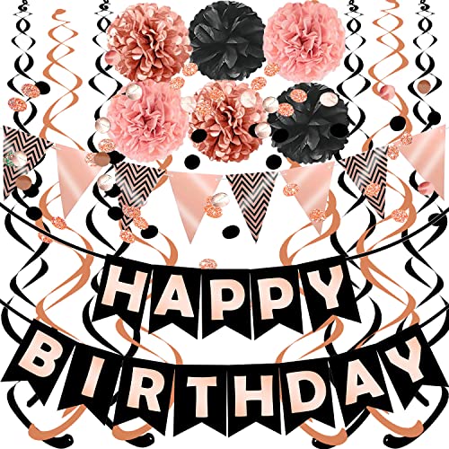 FECEDY Rose Gold Black Theme Happy Birthday Banner Flag Bunting Paper Circle Confetti Garland Swirl Streamers Honeycomb Ball for Birthday Party Decoration