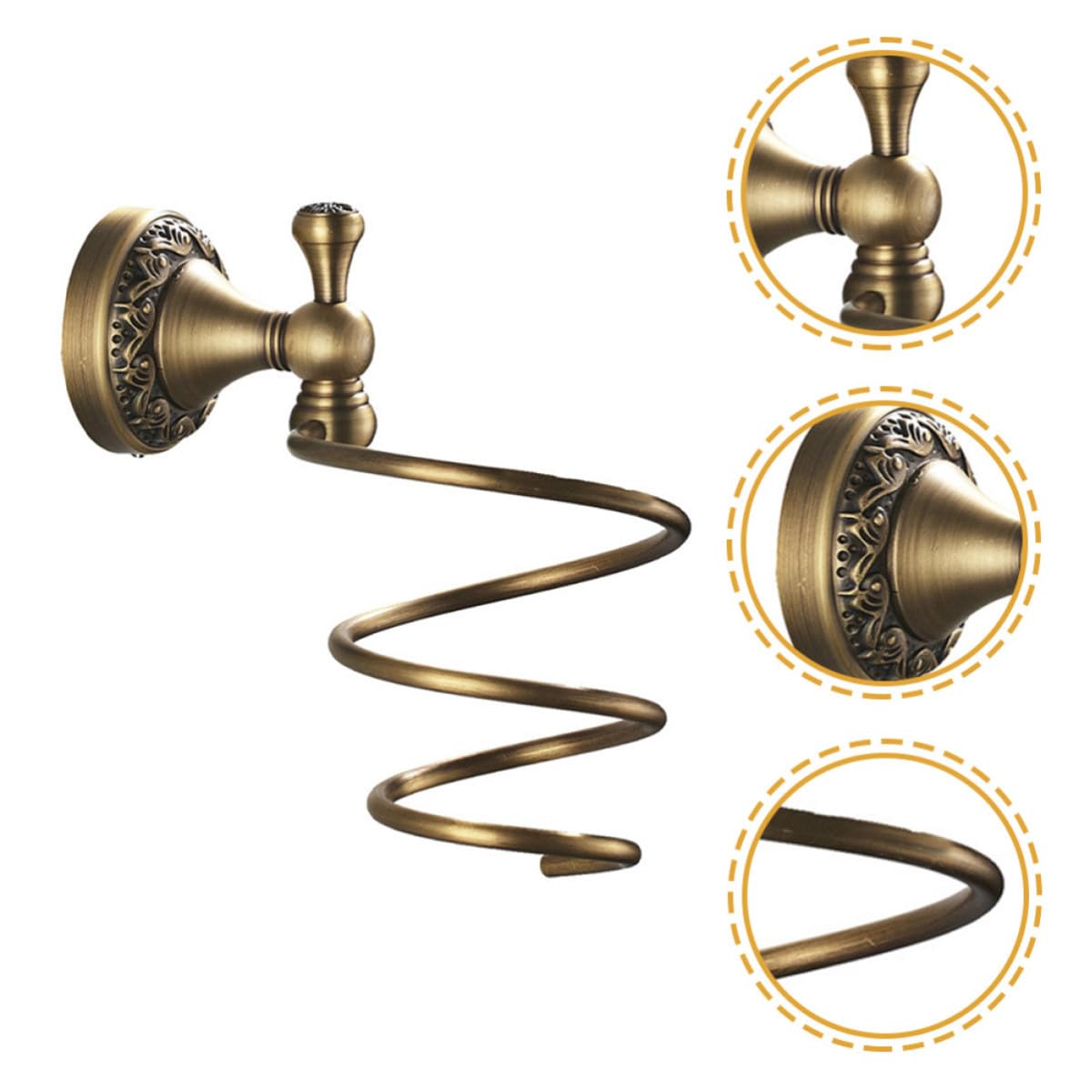 Soporte para Secador de Pelo en Espiral, Organizador de Aparatos Cabello de Pared, Cobre y Acero Inoxidable, Dorado, para Baño y Tocador, Montaje en Pared