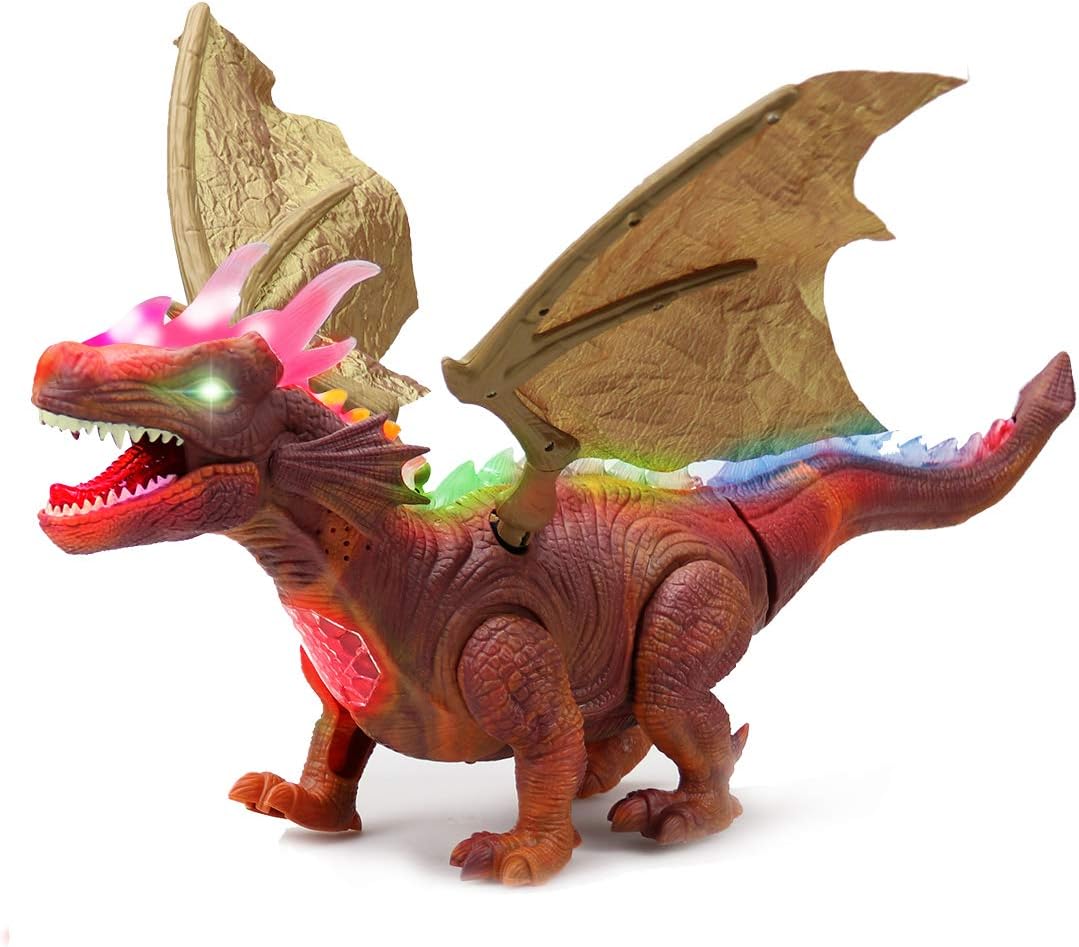WonderPlay Walking Dinosaur Toy Swing Wings Figure with Lights and Sounds Realistic Triceratops Fiery Dragon Kids Toys Battery Operated (Brown)