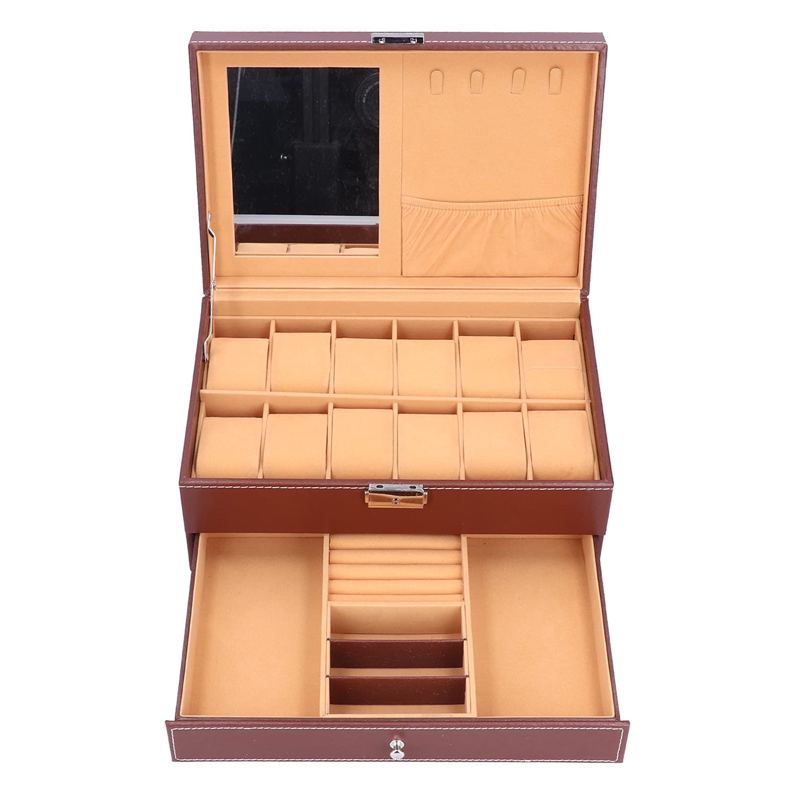 Cocoarm Schmuckschatulle, PU-Leder, Uhrenbox, Doppellagig, 12 Fächer, Aufbewahrungsorganisator mit Spiegel und Abnehmbarem Schlüsselfach für Damen, Schminktisch, Schrank-Display