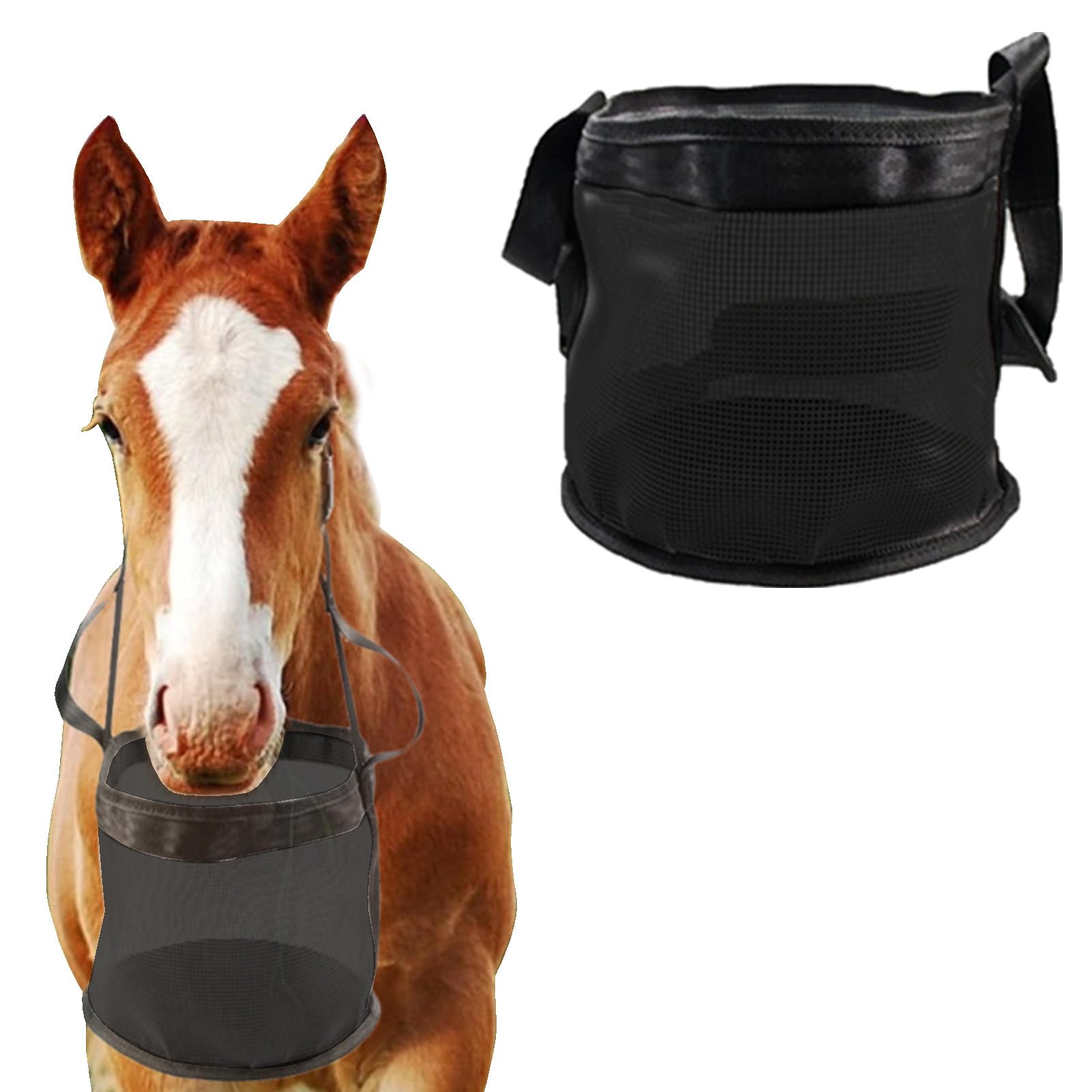 Sacos de pienso, bolsa de alimentación ajustable para bolsas de comida duradera para caballos con correas ajustables, cómodo cojín para el cuello y almohadilla nasal, 3 tamaños