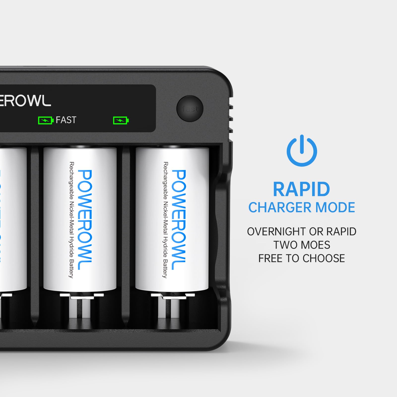 POWEROWL Batterie ricaricabili D con 4 alloggiamenti, ricarica rapida USB, per batterie ricaricabili AA AAA C D Ni-MH Ni-CD -4 Count