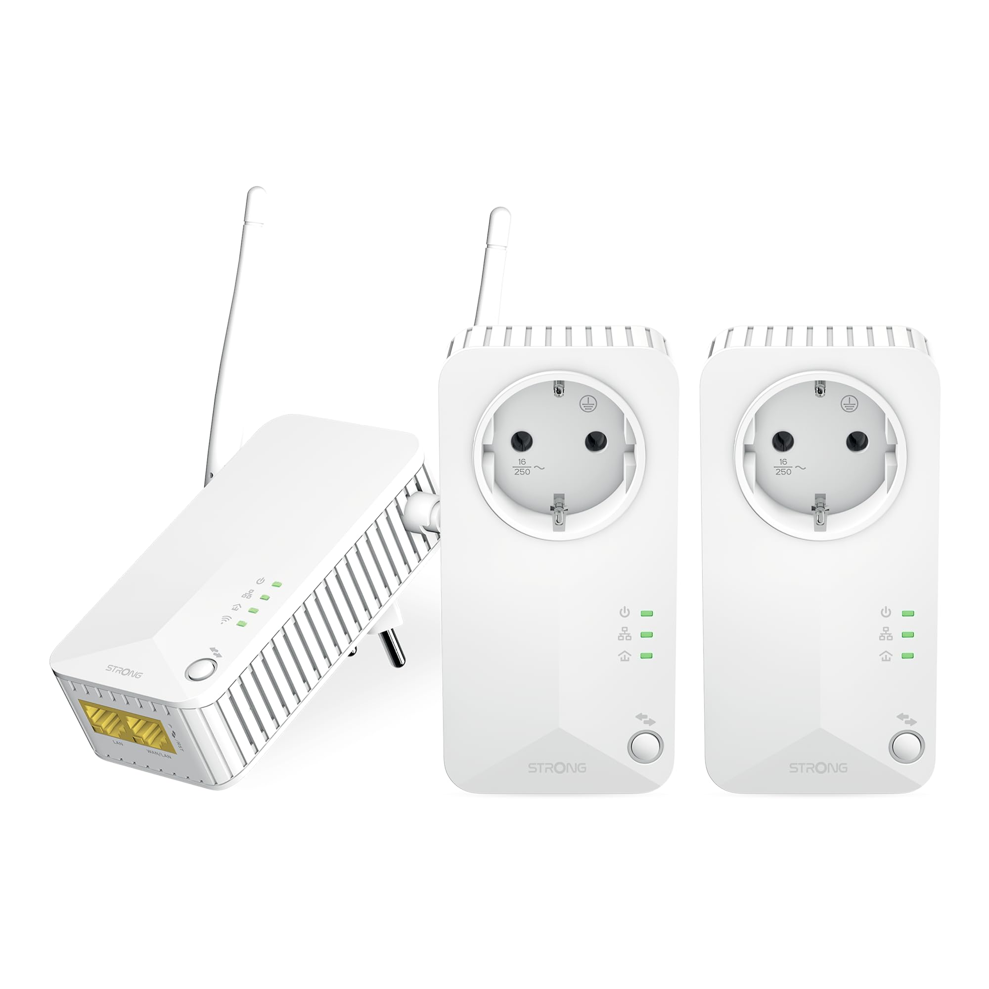 STRONG - Powerline 600 Triple Wi-Fi EU Set - 2 Powerline 600 Mbps + WLAN Adapter 300 Mbps, Fast-Internetzugang - integrierte Steckdose - 300 m Reichweite - Für alle Router - Hotspot + Ethernet - weiß