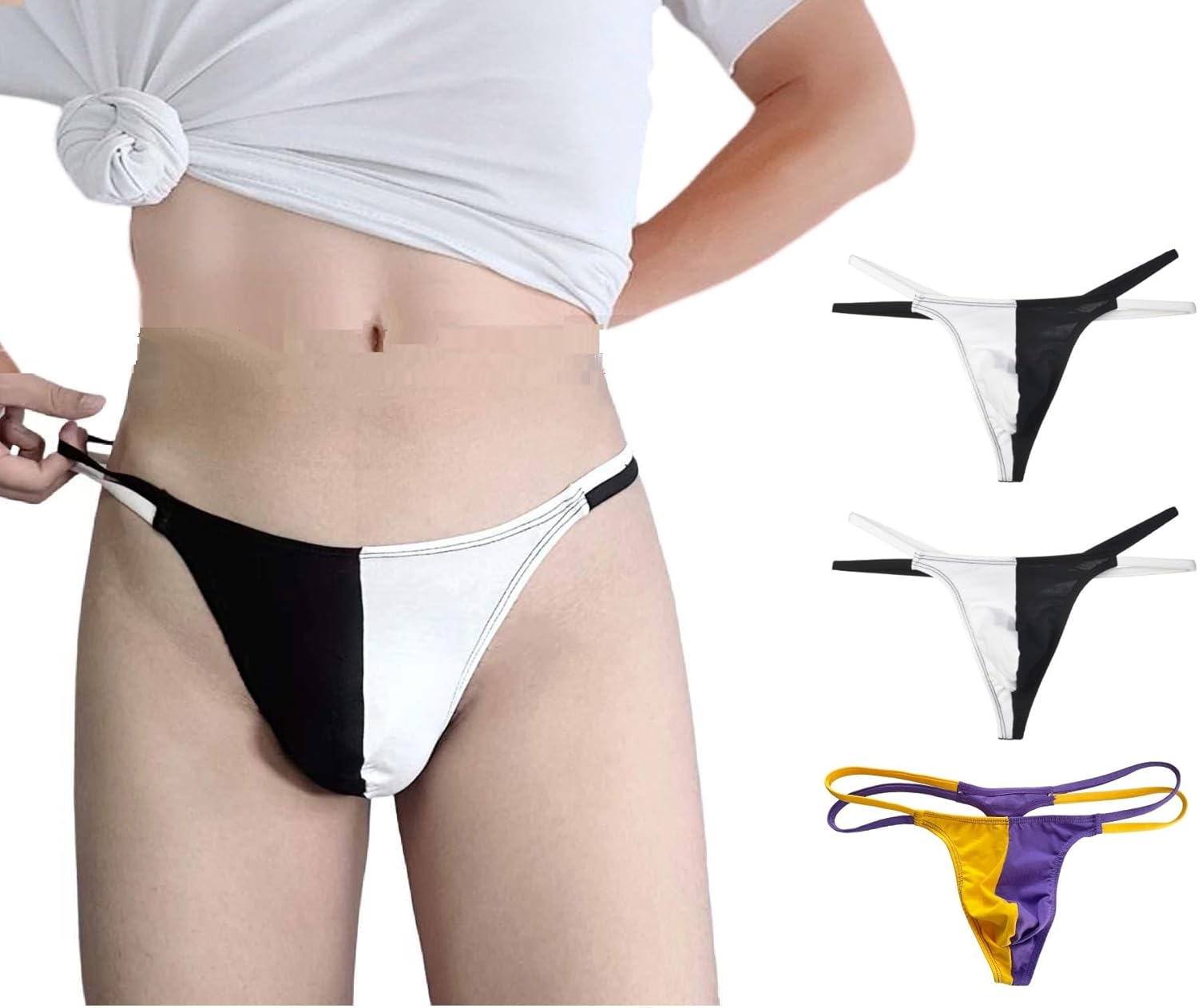 Men's Y Back String Thong Soft Cotton G-string Color-blocked Sexy