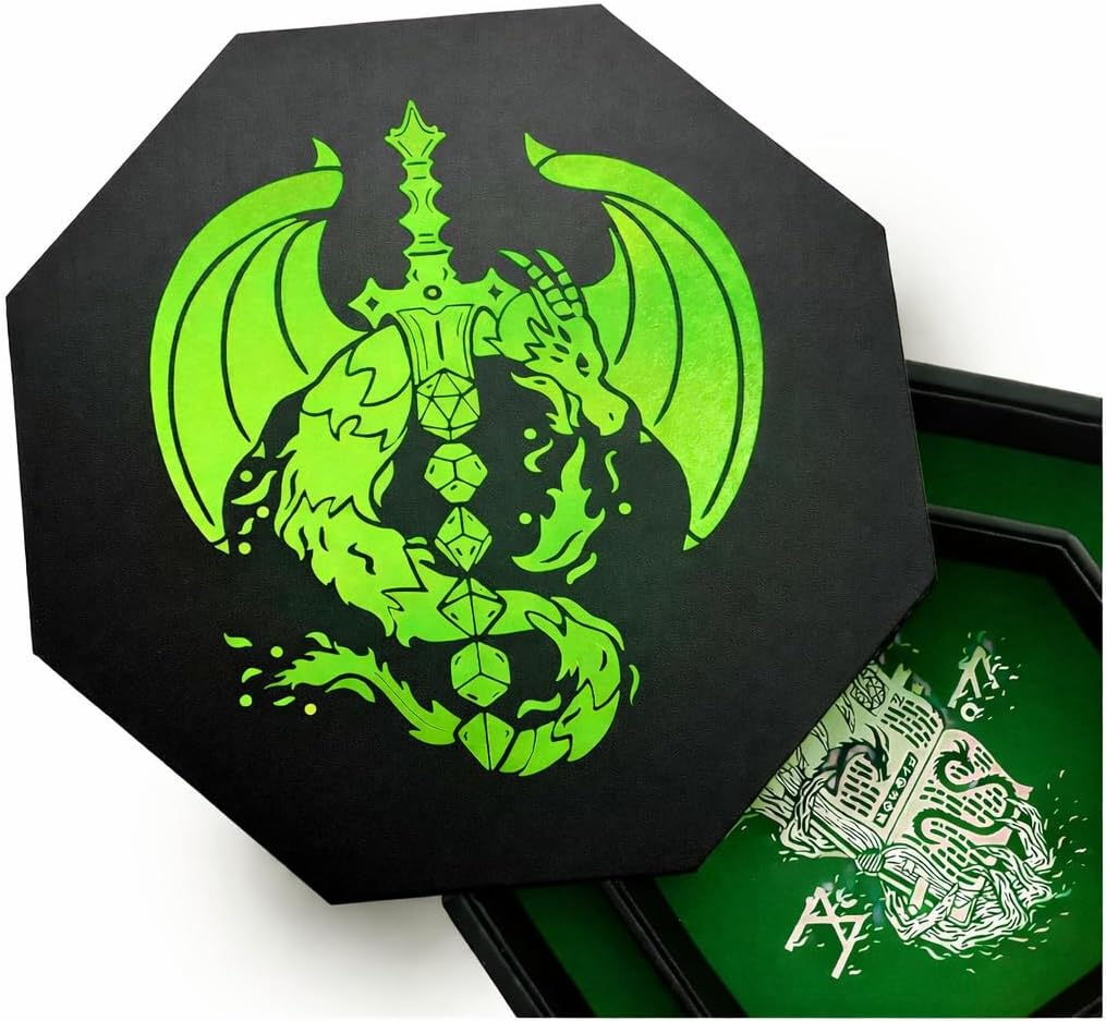 Fantasydice Green Fire Dragon Dice Tray with Dice Sword Artwork – 9" Octagon with Lid, Holds 5 Dice Sets – Perfect for D&D, Call of Cthulhu, Shadowrun, and All Tabletop RPGs