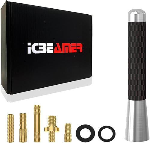 ICBEAMER - Antena automotriz corta de aluminio plata con acabado pulido de fibra de carbono de 3 pulgadas (76 mm) con bobina de cobre interna de