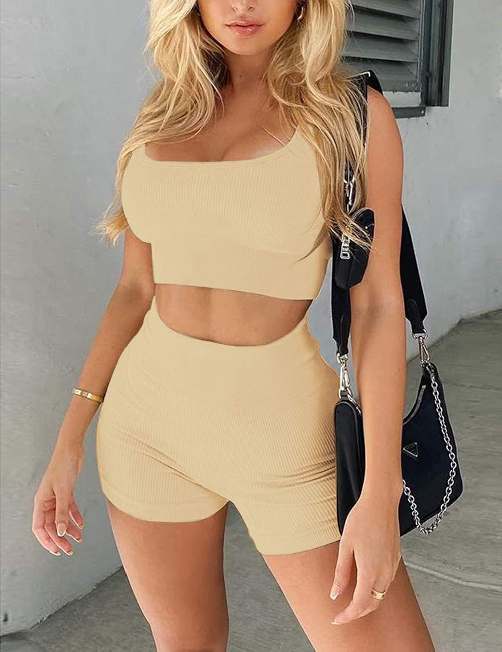 Workout Sets for Women 2 Piece High Waist Shorts Seamless Ribbed Crop Tank Set Yoga Outfits : Sports & Outdoors