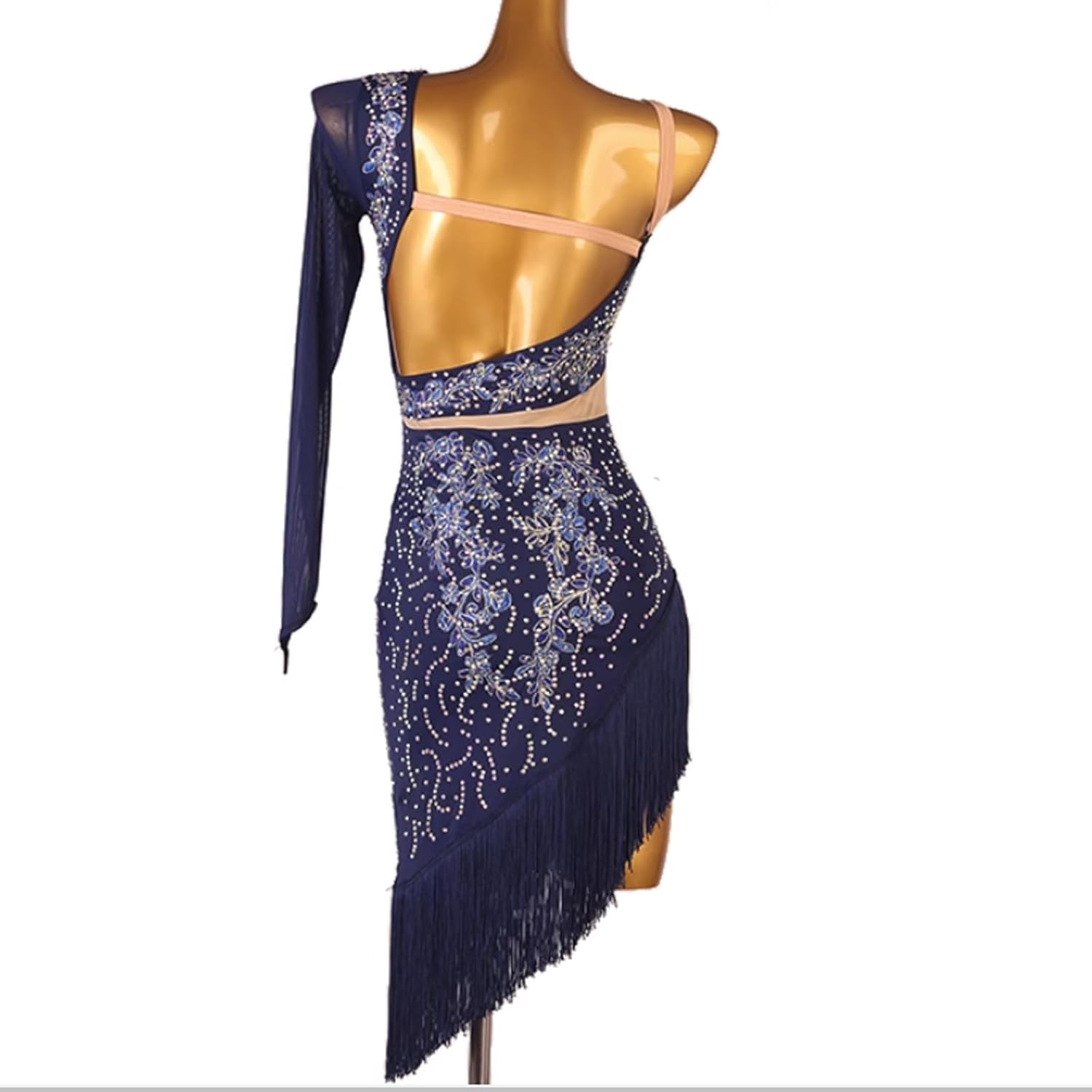 Size Large Color Blue Latin Dance Performance Dresses Ballroom Dance Costumes Asymmetric Cha Cha Dancewear Embroidery Salsa Dance Dress