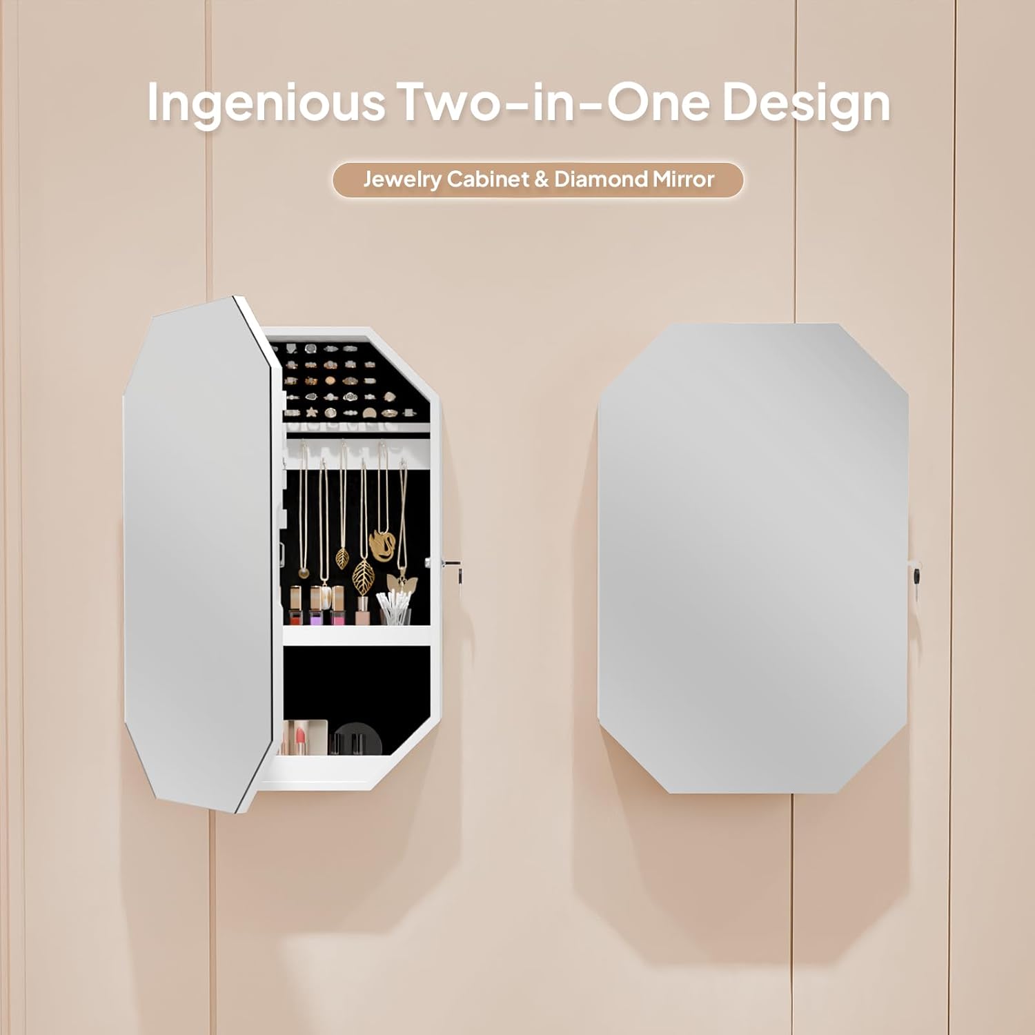 Bonnlo Modern Diamond-Shaped Jewelry Armoire, Lockable Octagonal Jewelry Cabinet Organizer with Mirror, Wall Mounted for Space Saving